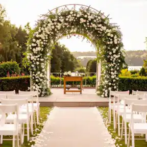 Outdoor wedding ceremony aisle with white chairs leading to a floral arch